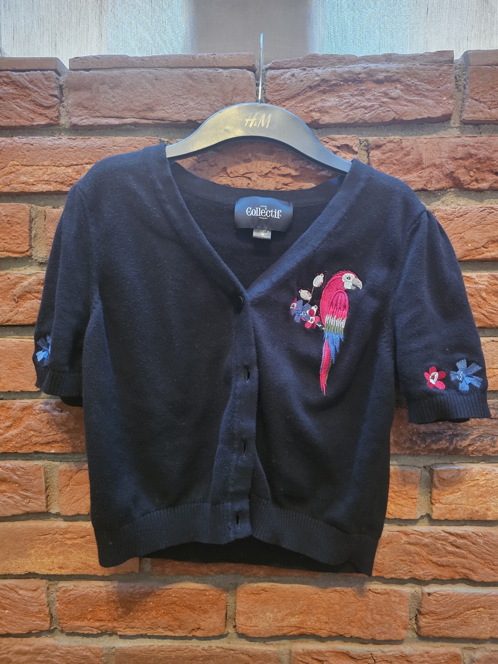 Collectif Womens' Black Parrot Embroidered Cardigan
